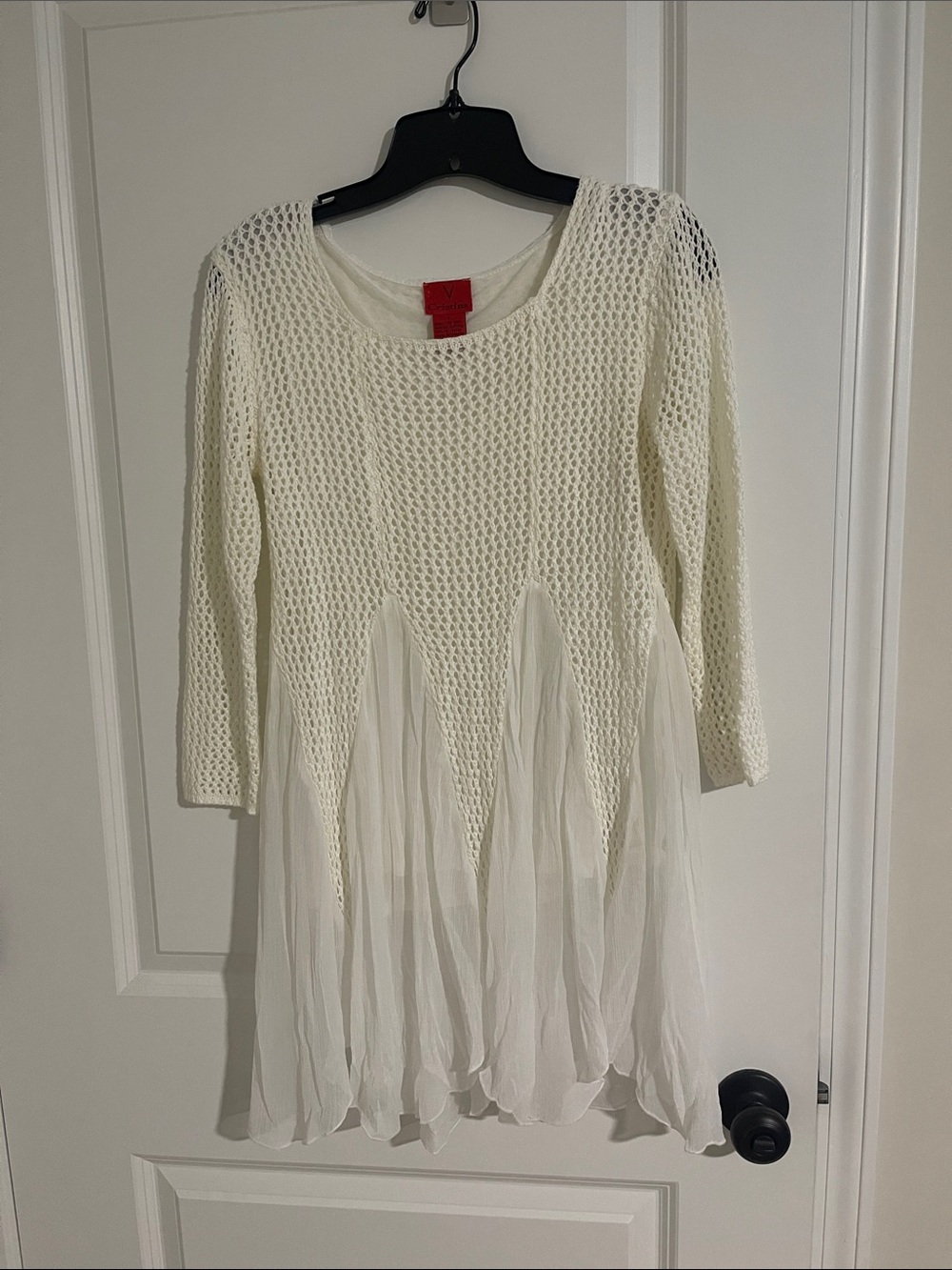 Christina Cream Crochet Knit Top with Chiffon Layer